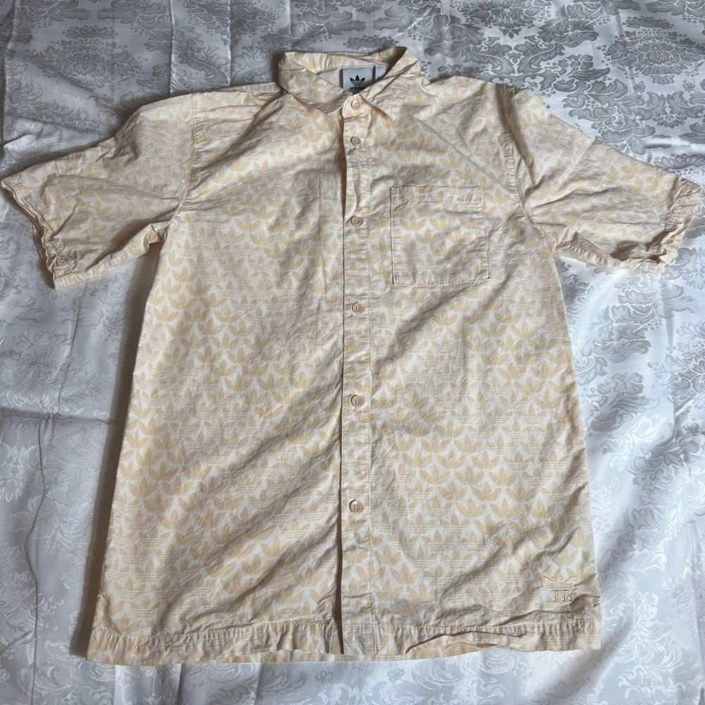 Men's Adidas Casual Button Down Shirt S Beige White